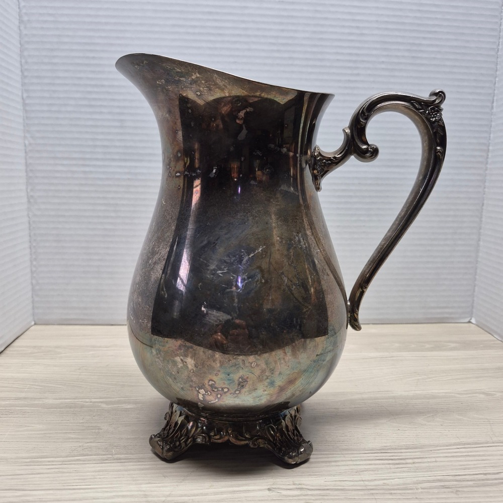 Wm Rogers & Son Vintage Silver Plate Footed Water Pitcher with Ice Guard 9 Inch